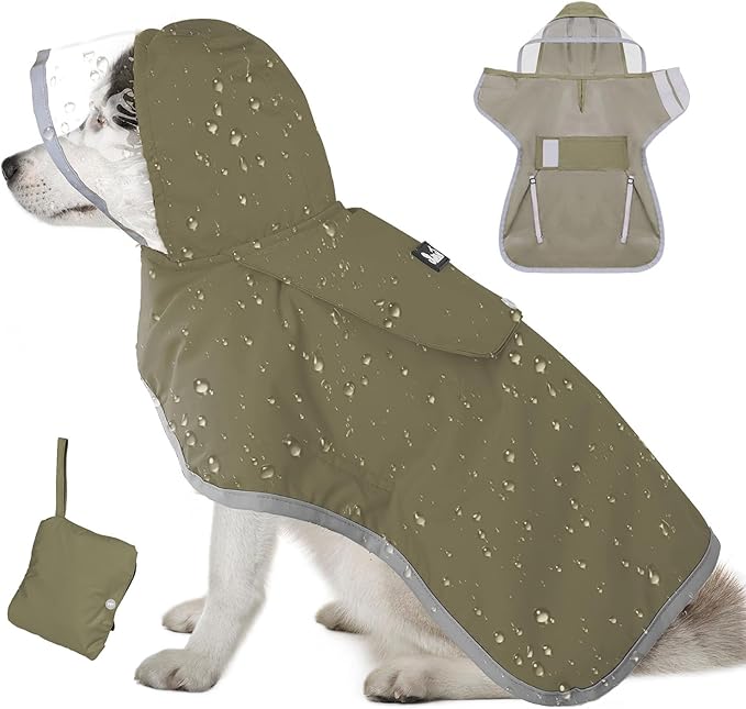 Lukovee Dog Raincoat - Lightweight Hooded Dog Rain Coat for Large Medium Small Dogs, Adjustable Poncho Jacket with Reflective Stripes & Built-in Storage Pocket (Green, 2X-Large)