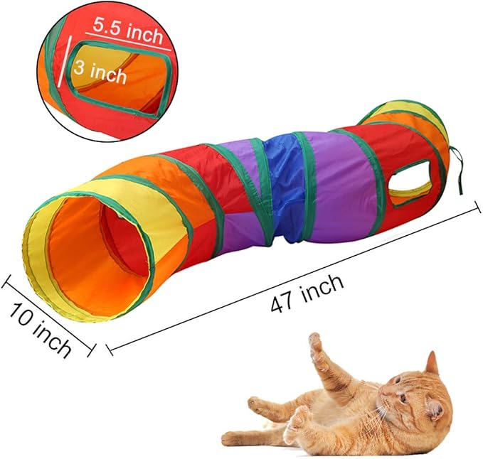Andiker Cat Tunnel, S-Shape Cat Tube Collapsible Kitten Play Toy with 2 Side Holes for Kitten Exercising Hiding Training and Running Cats Toy for Indoor Cats(Multi-Colored)