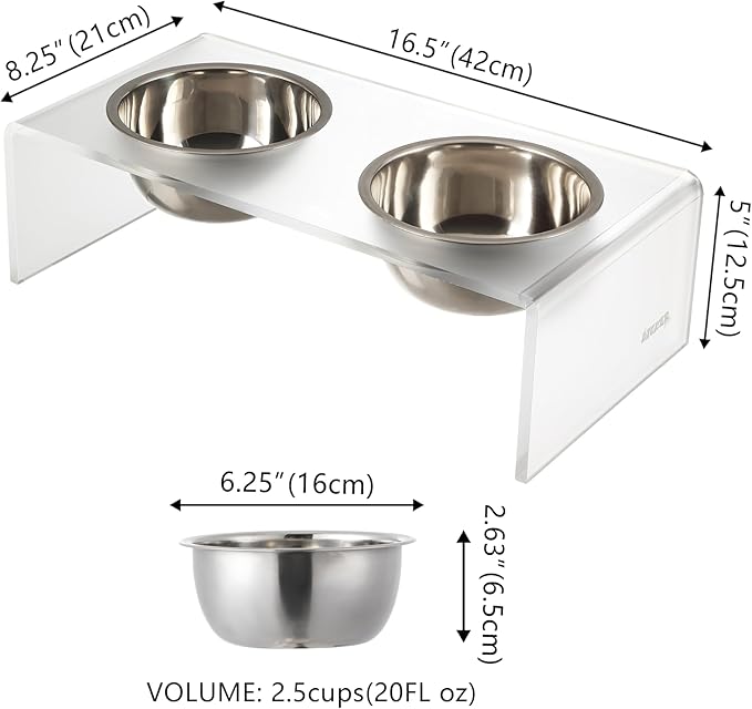 THE LICKER Store DBL2000K Keaton 5" Small/Medium Modern Acrylic Rectangular Elevated Pet Feeder with 20oz 2-Stainless Steel Bowls, Moon White/Chrome