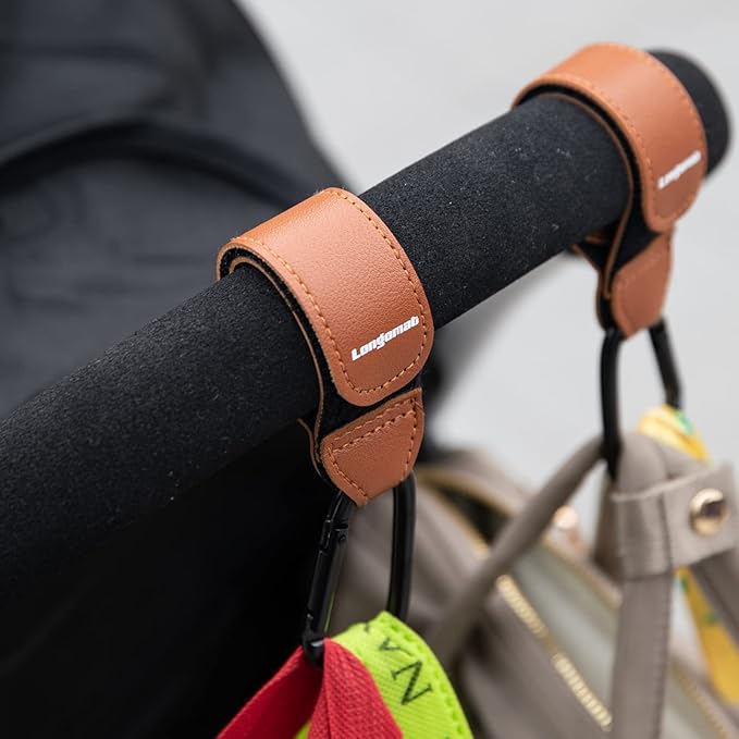 (4-Pack Baby Stroller Hooks Clip or Hanging Diaper Bag Universal Hooks Accessories for Stroller and Car or Shopping Cart Made of Aircraft Aluminum and Leather (Black and Brown)