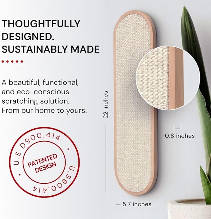 7 Ruby Road Indoor Cat Wall Scratcher — Multidirectional Sisal Scratch Pad & Board for Furniture Protection, Space-Saving Wall or Floor Use, Solid Rubberwood, All Breeds (Cream)