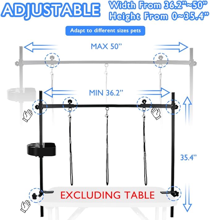 LEIBOU H-Shape Pet Grooming Table Arm with Grooming Hammock Tool Holder Noose and Clamp for Dogs and Cats Heavy Duty Aluminum Alloy Frame with 35.4” Adjustable Height and 36.2” ~ 50” Adjustable Width