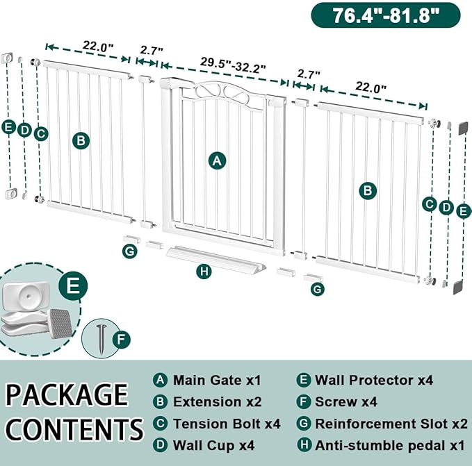 Fairy Baby 76.4"-81.8" Extra Wide Baby Gate Indoor for Stairs, Pressure Mounted Long Dog Gates for Doorways Walk Thru No Drill Pet Gates Child Safety Gate, White