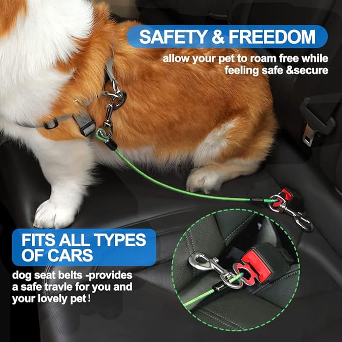 Dog Seat Belt Harness for Car,2pcs Dog Seatbelt of Coated Wire Leash Safety Restraint,No Chew Tether Cable Vehicle Dogs Accessories,Double Clips & Latch (Green, 16 inch/40 CM)