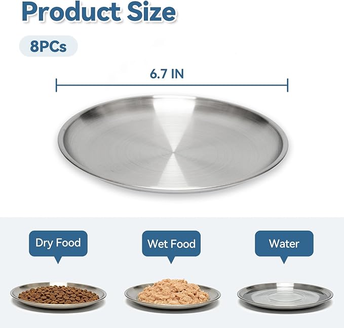 8 Pack Stainless Steel Cat Food Bowls, Cat Dishes Shallow Whisker-Friendly Metal Dishes with Non-Slip Silicone Bottom, Easy to Clean Indoor Feeding Bowls for Cats, Kittens & Small Dogs (6.7")