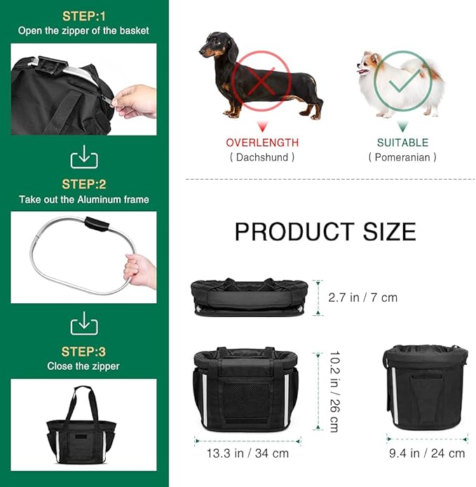 ANZOME Dog Bike Basket, Folding Front Pet Carrier for Small Dogs Cats Up to 11 lbs, Quick-Release Bicycle Basket with Safety Tether, Fits Mountain City Cruiser Bikes, Detachable Handlebar Bag