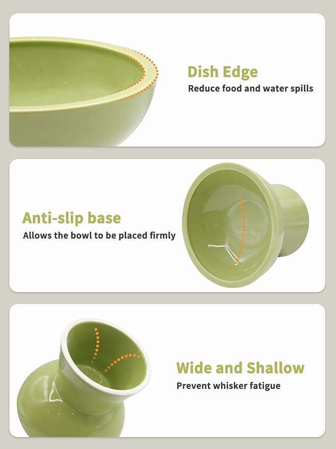 LoeJan Elevated Food and Water Bowls Set, Extra Wide and Raised Ceramic Feeder, Anti-Vomit Whisker-Free Pressure Cat Bowl for Kittens to Adult Cats, Small Dogs (Green, Water Bowl)