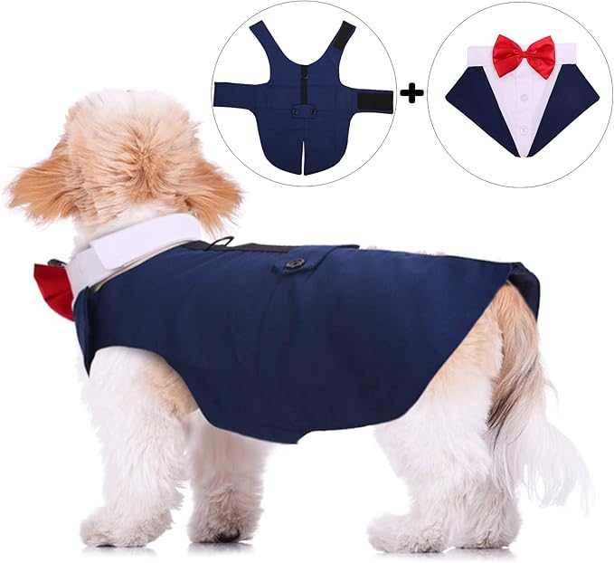 QBLEEV Dog Tuxedo Suit with Bow Tie, Formal Gentleman Dog Tux Costume and Bandana Set for Wedding Outfit Birthday Party Cosplay Photo Shoot, Doggy Prince Attire for Maltese Dachshund Corgi Beagle