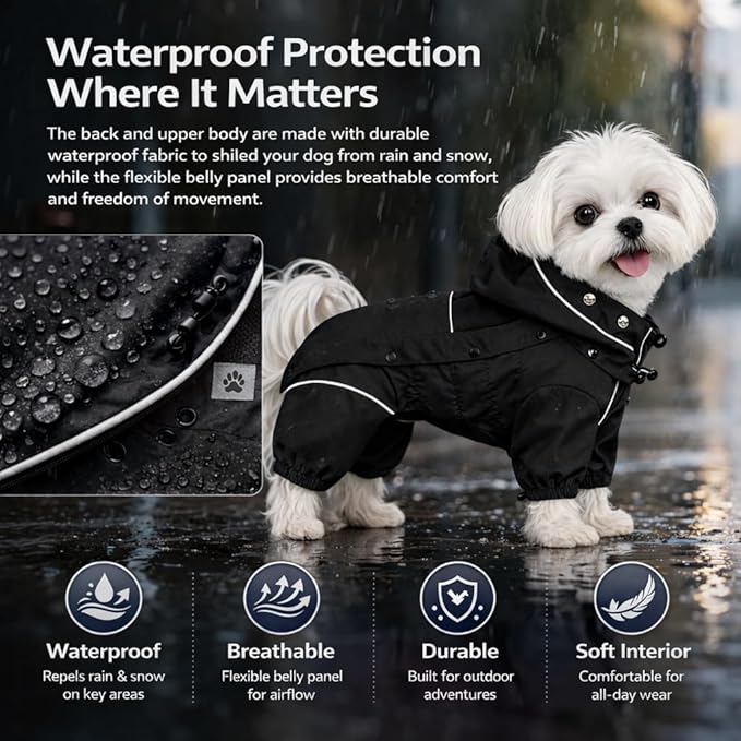 LOVELONGLONG Waterproof Dog Raincoat with Removable Hood – Outdoor Full Body Dog Jacket, Windproof Snowproof Shell Suit – All Season Pet Rain Gear Black 4XL