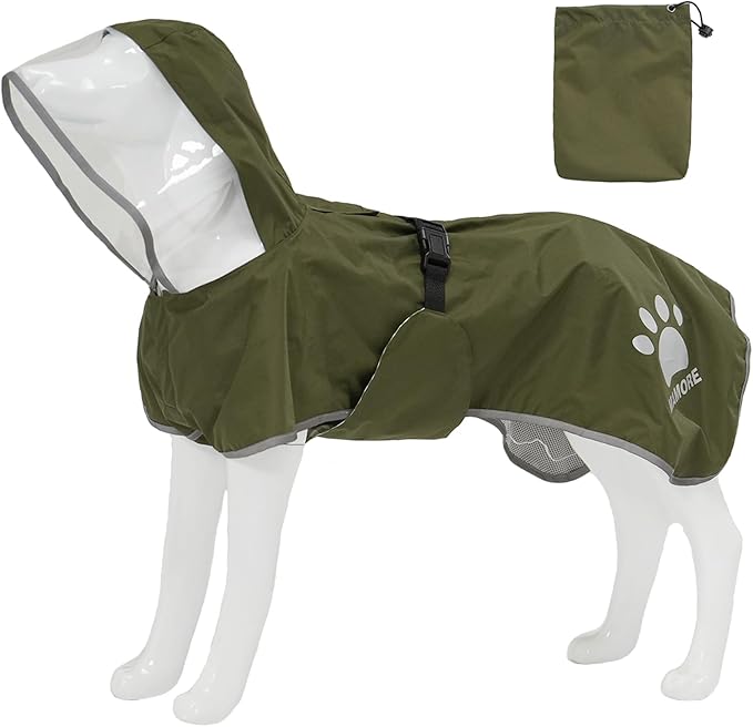 MAMORE Dog Raincoat Hooded Rain Jacket for Small Medium Large Dogs Slicker Poncho Bottom Waterproof Adjustable Reflective Breathable Leash Hole (Army Green, XXX-Large)