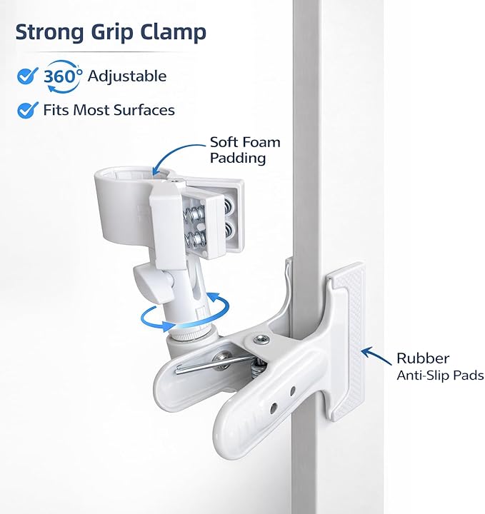Hands Free Clamp Hair Dryer Holder with Strong Grip, 360° Flexible Gooseneck Blow Dryer Stand, Portable Clip-On Hair Dryer Holder for Styling & Pet Grooming, Table Counter Home Salon, White