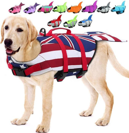 EMUST Dog Life Jacket Mermaid, Ripstop Dog Life Vests with Rescue Handle for Small Medium and Large Dogs, Pet Safety Swimsuit Preserver for Swimming Pool Beach Boating, (XS,FlagMermaid)