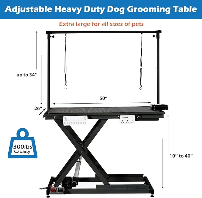 50 Inch Dog Grooming Table, Electric Hydraulic Pet Grooming Table, Dog Grooming Station with Aluminium Overhead Arm, Anti Slip Tabletop, 6 USB Ports, Height Adjustable, 300 LBS Capacity, Black