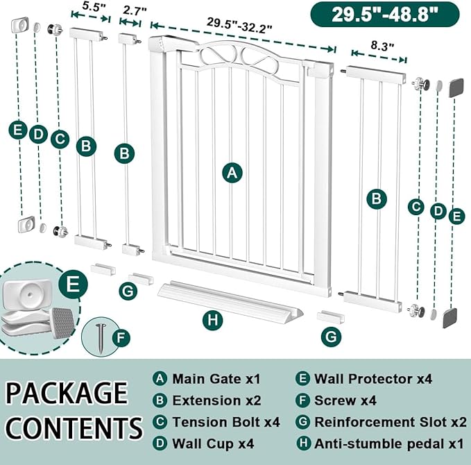 Fairy Baby 29.5"-48.8" Extra Wide Baby Gate for Stairs, Pressure Mounted Metal Long Dog Gates Indoor for House Doorways Walk Thru No Drill Pet Gates Child Safety Gate for Kids, White