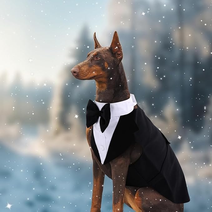 QBLEEV Dog Tuxedo Suit with Bow Tie, Formal Dog Tux Costume and Bandana Set for Wedding Outfit Birthday Party Cosplay Photo Shoot, Doggy Prince Attire for Chihuahua Yorkie Shih Tzu Pomeranian