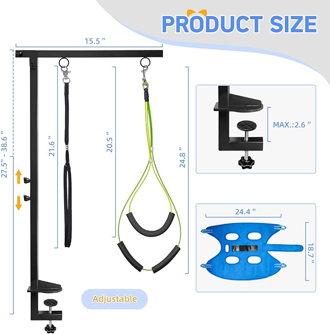 Dog Grooming Arm with Hammock: Adjustable Height 27"-38", Foldable Dog Grooming Table Arm w/No-Sit Holder and Loop Noose,Grooming Restraint for Small&Medium Pets at Home or Salons