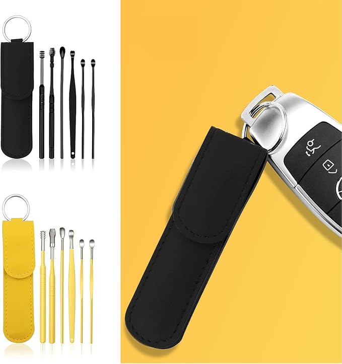 12 Pcs Ear Pick Earwax Removal Kit, Ear Cleaning Tool, Stainless Steel Earwax Removal Tool with Leather Storage Box (Black&Yellow)