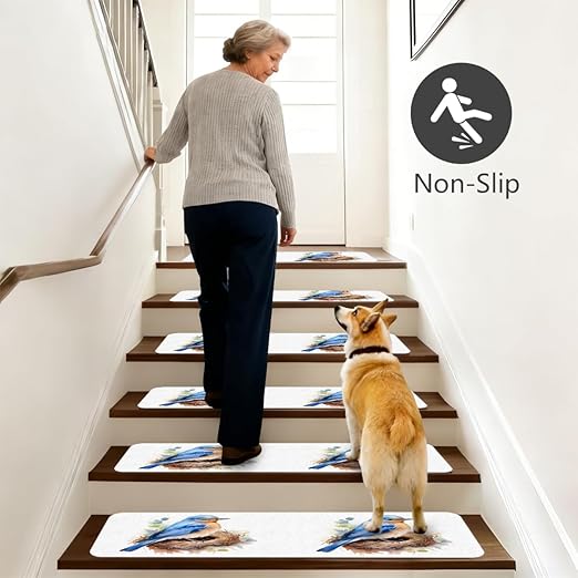 Animal Blue Bird Stair Treads for Wooden Steps Indoor Washable Staircase Carpet 1PCS 30"x7.8" Stair Step Treads Non-Slip Staircase Covers Peel and Stick Safety Mat for Kids Elders Pets