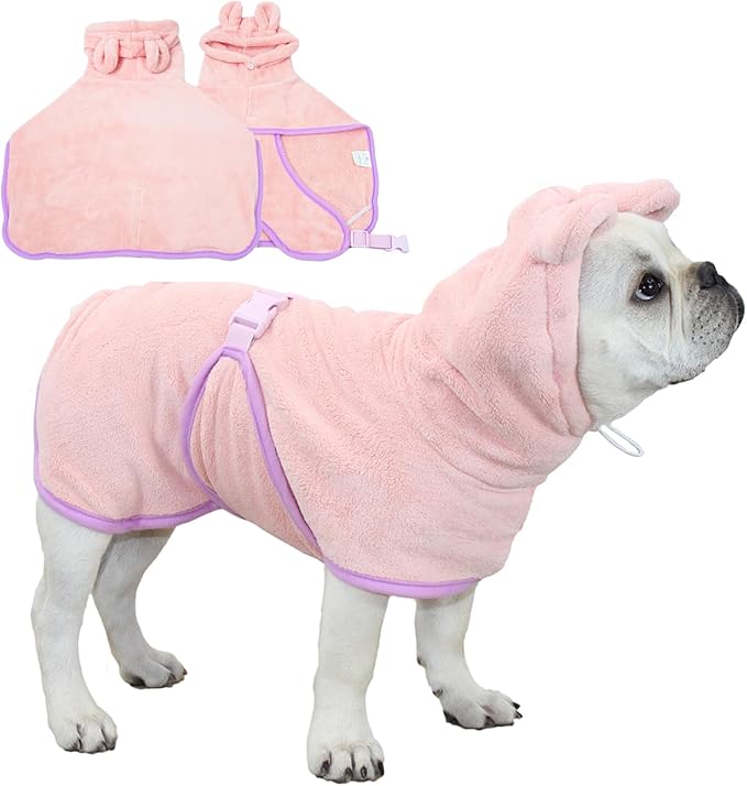 Pet Bathrobe for Dog Cat Absorbently Quick Drying Coat Cute Dogs Bath Towel Hooded Robe Adjustable Collar & Belly Strap for Pool Beach (Pink, Large)