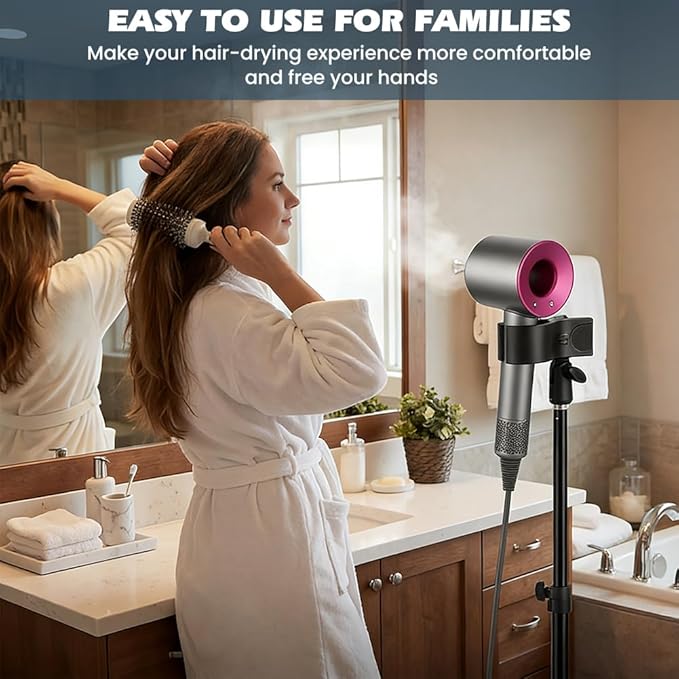 Hair Dryer Stand, Hands Free Hair Dryer Holder with 360-Degree Rotating Universal Clip, 22-63 Inch Height Adjustable Blowdryer Holder for Bathroom Vanity Makeup Room