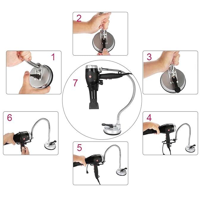 Adjustable Hair Dryer Holder Stand, 360 Degree Freely Rotation Hair Dryer Wall Universal Holder, Hands Hair Blower Stand with Suction Cup