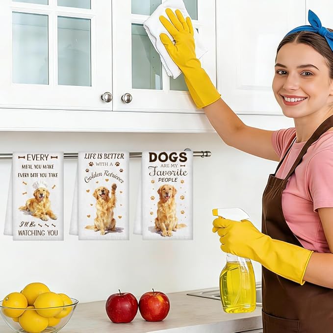 WADORN 4Pcs Golden Retriever Kitchen Hand Towels, Dog Decorative Soft Absorbent Kitchen Dish Tea Hand Towels for Golden Retriever Lovers 24 x 16 Inch Dog Mom Lover Owners Gifts for Housewarming Gifts
