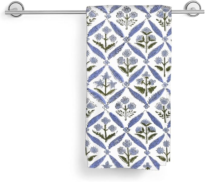 Blue Sage Green Block Print Kitchen Towels Vintage Floral Dish Towel 16×24 Inch Soft Absorbent Spring Summer Flowers Hand Cloths Decorative for Kitchen Drying Set of 2