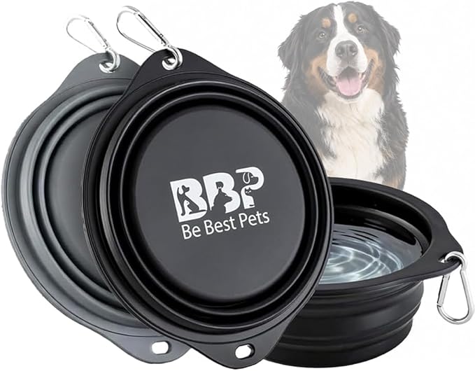 BE BEST PETS Collapsible Dog Bowl 28 oz - Foldable Silicone Pet Travel Bowl with Clip - Leak-Resistant Portable Pet Bowl for Food & Water Dish – Lightweight Pet Bowl for Dogs & Cats - Black (Large)