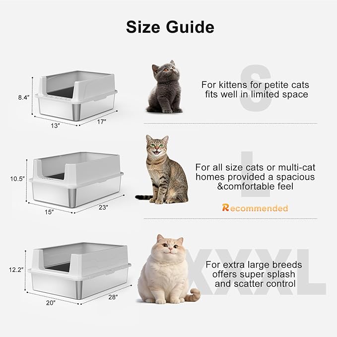 FURTIME Stainless Steel Cat Litter Box, Easy-Clean High-Sided Metal Litter Box, Open-Top Litter Pan for Large Cats, Includes Scoop & Mat, Non-Stick, Anti-Leakage, 23"×15"×10.5"