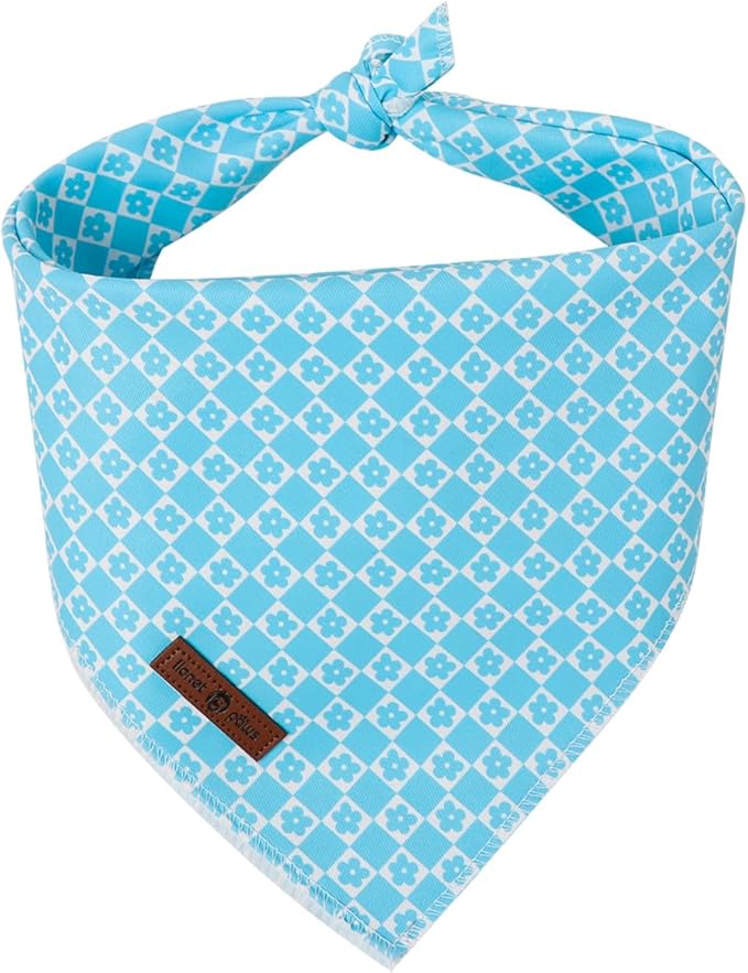 Lionet Paws Spring Summer Blue Grid Dog Bandana Washable Cotton Handkerchief Scarf Triangle Flower Bandana for Medium Large Dogs Girl Boy