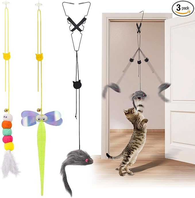 CAPHONT Hanging Interactive Cat Toy for Indoor Cats, 3 Pack Retractable Cat Feather Toy Kitten Toys with Bell/Elastic Rope/Adjustable Buckle for Play Chase Exercise Teaser