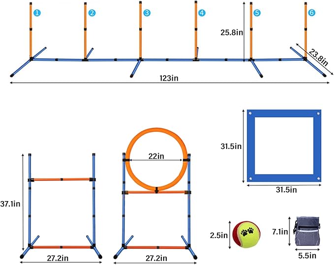 Dog Agility Equipment Set,Pets Agility Training Equipment,Weave Poles, Adjustable Hurdle, Jump Ring, Pause Box and Storage Bag