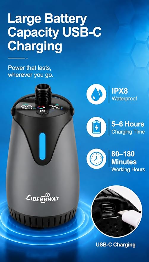 LIBERRWAY Portable Shower for Camping, 8000mAh Rechargeable Camping Shower Pump with LED Display&Ambient Light, 5 Pressure Modes, IPX8 Waterproof, Outdoor Shower Kit for Hiking,Travel, Car, Pet
