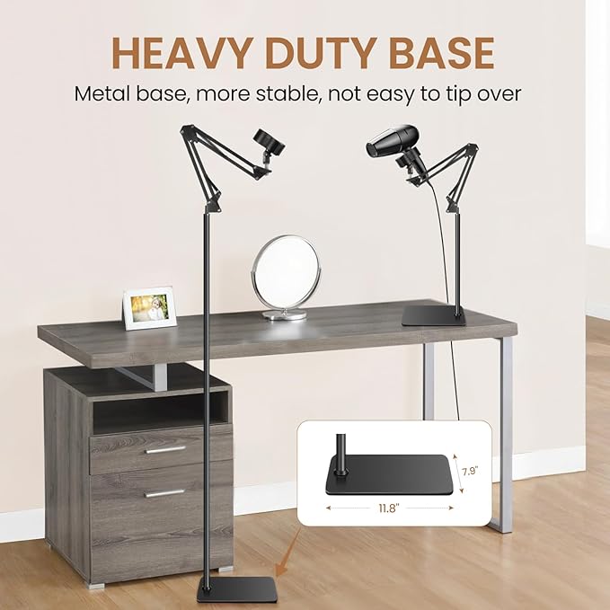 Hands Free Hair Dryer Stand, 67in / 170cm Adjustable Height Hair Dryer Holder with Heavy Base, 360° Rotating Blow Dryer Holder for Bathroom, Makeup Room, Vanity, Salon, Black