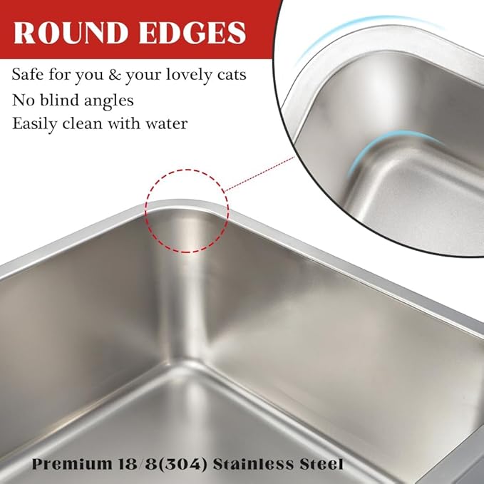 Stainless Steel Cat Litter Box, Large (24" x 16" x 6"), Metal for Kitty and Rabbits, No Odor Left & Non Stick Surface