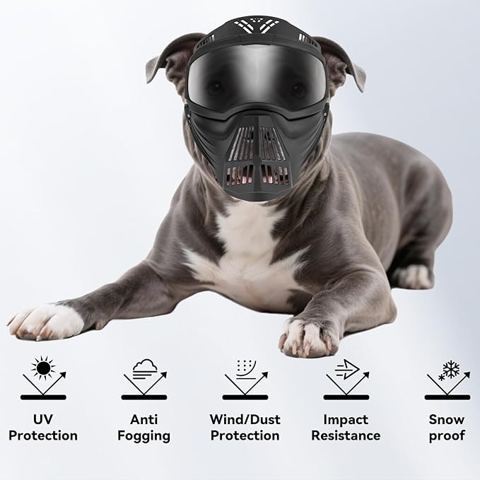 Dog Goggles Large Breed, Anti-UV Dog Sunglasses for Full Face Protection, Pet Mask with Breathable Holes for Outdoor Camping Hiking Hunting, Adjustable, Black