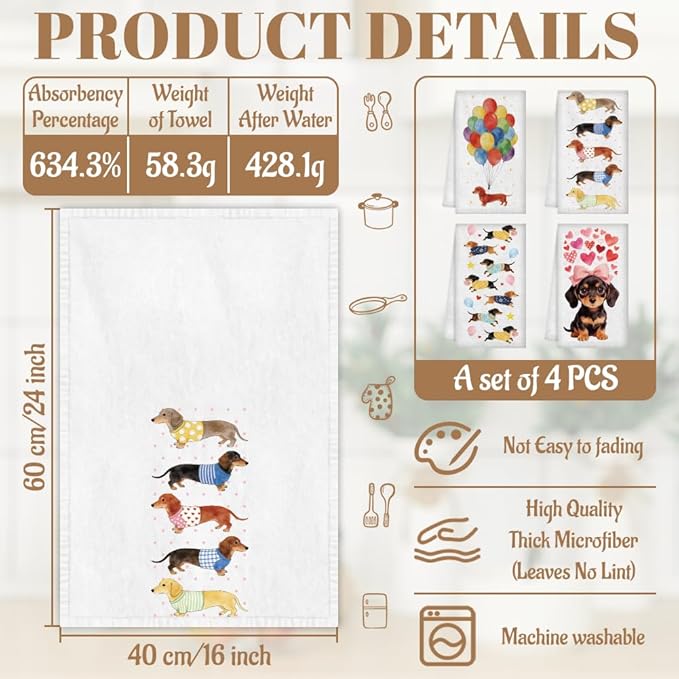 WADORN 4Pcs Dachshund Kitchen Hand Towels, 24 x 16 Inch Weiner Dog Decorative Kitchen Dish Tea Towels Soft Microfiber Absorbent Cute Dog Lovers Gifts for Home Bathroom Party Holiday Housewarming