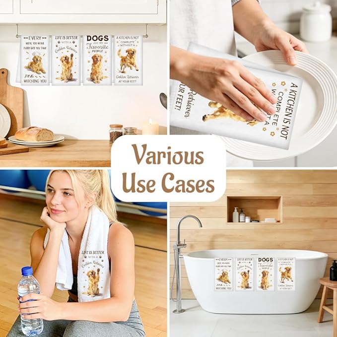 WADORN 4Pcs Golden Retriever Kitchen Hand Towels, Dog Decorative Soft Absorbent Kitchen Dish Tea Hand Towels for Golden Retriever Lovers 24 x 16 Inch Dog Mom Lover Owners Gifts for Housewarming Gifts