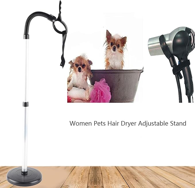 Adjustable 93.5cm Height Hair Dryer Stand Holder with Flexible Neck and Heavy Base for Home, Salon and Pets in Black and Silver