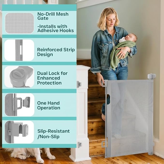 200 Inch Extra Wide Retractable Baby Gate,Mesh Baby Gate or Mesh Dog Gate,34" Tall,Child Safety Gate for Doorways, Stairs, Hallways, Indoor or Outdoor (Gray, 200''Wide 41''Tall)