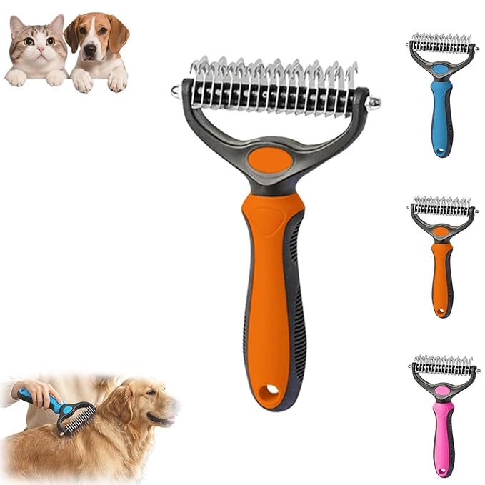 Pet Pro Grooming Tool, 2-in-1 Deshedding Dog Brush with 9/17 Teeth Undercoat Rake for Dogs & Cats, Dual-Sided Stainless Steel Pet Comb for Long Hair & Thick Coats, Non-Slip Ergonomic Handle (Orange-L)
