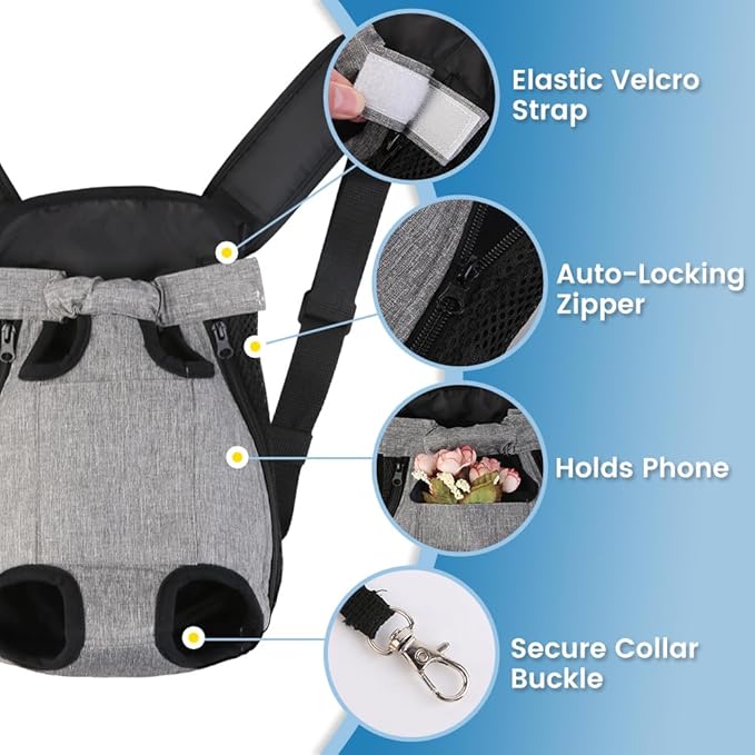 Dog Backpack Carrier, Front Pocket for Essentials, Pet Sling Front Backpack for Small Medium Dogs 10-16 Lbs, Legs Out, Adjustable Wearable Puppy Chest Travel Bag, Easy-Fit for Hiking/Walking/Camping