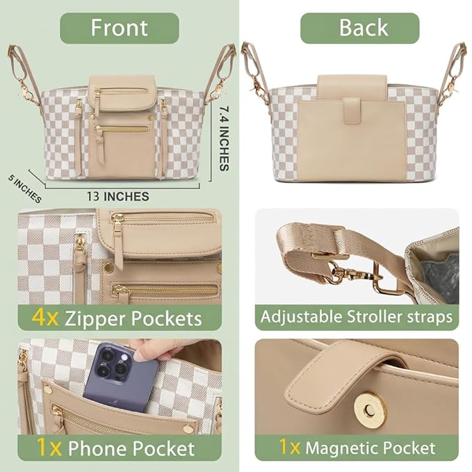 miss fong Checkered Stroller Caddy with Insulated Cup Holder Universal Stroller Organizer Bag Baby Storage Bag with Adjustable Strap, Fits for Baby Carriage like Uppababy, Baby Jogger, Umbrella