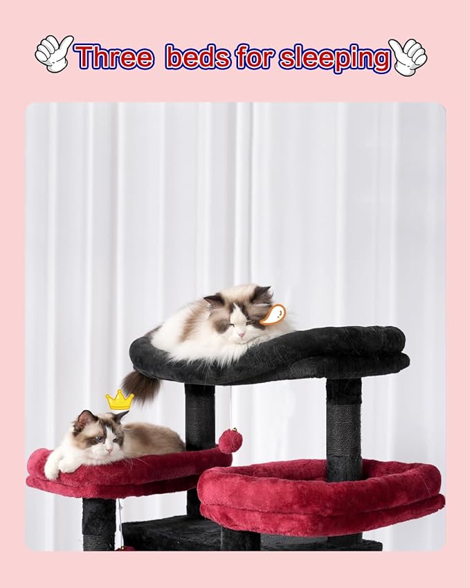 Gitelsnour Cat Tree for Indoor Cats Large Adult, 74" Cat Tower for with 3 Big Platforms, 2 Baskets, 2 Condos, Multi-Level Cat Scratching Posts, Black and Red GCT030BR
