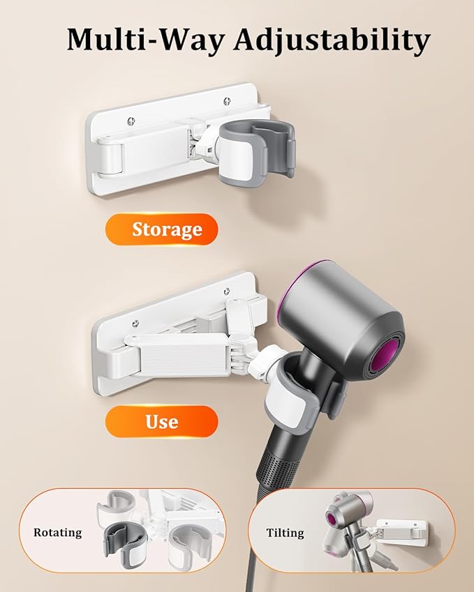 Sliding Hair Dryer Holder Stand Wall Mounted, Angle-Adjustable Blow Dryer Stand with Adhesive & Screw Mounting, Hair Dryer Stand Hands Free for Vanity, Bathroom, Salon (Sliding Type)