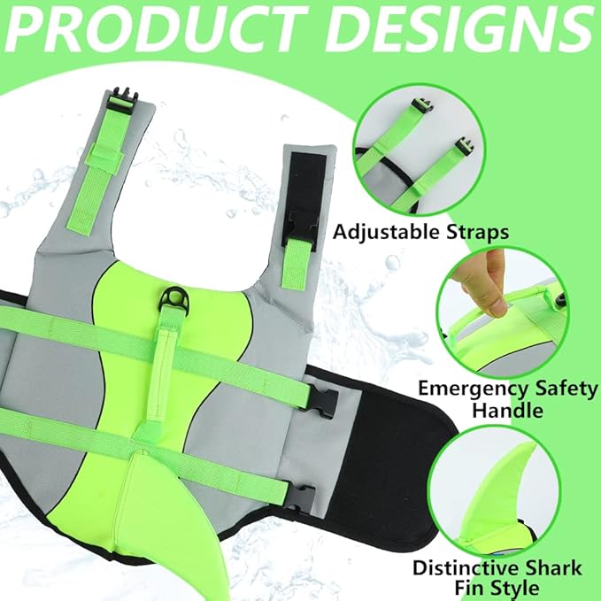 EMUST Dog Life Jacket Shark, Dog Life Vests for Small, Middle, Large Dogs with Rescue Handle Pet Flotation Vest Safety Lifesaver for Swimming Pool Beach Boating, (S,Green)