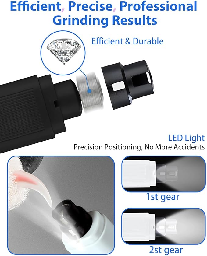 Dog Nail Grinder - 2 Speed Super Quiet and Low Vibration Electric Pet Nail Grinder - Rechargeable Dog Nail Trimmers for Small Dogs- Cat Nail Claw Clippers with 2 LED Lights（Black）