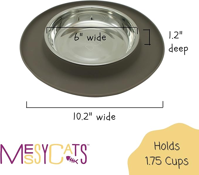 Messy Cats Single Silicone Feeder with Stainless Saucer Shaped Bowl | Anti-Slip Non-Skid Cat Food Bowl | One Cat Bowl in Feeding/Water Station | 1.75 Cups (Grey)