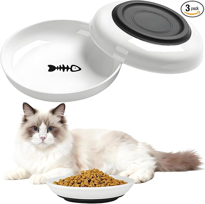 3 Pack Ceramic Cat Food Bowls Non Slip Cat Plates Anti Whisker Fatigue Healthy Ceramic Cats Dishes Set for Indoor Shallow Wide Kitten Plates for Food and Water, Pet Dishes for Cats with Rubber Base