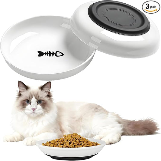 3 Pack Ceramic Cat Food Bowls Non Slip Cat Plates Anti Whisker Fatigue Healthy Ceramic Cats Dishes Set for Indoor Shallow Wide Kitten Plates for Food and Water, Pet Dishes for Cats with Rubber Base
